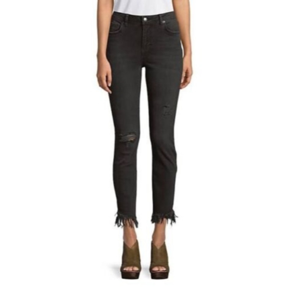Free People Great Heights Frayed Skinny Faded Black Jeans Size 30 Fringe Row Hem